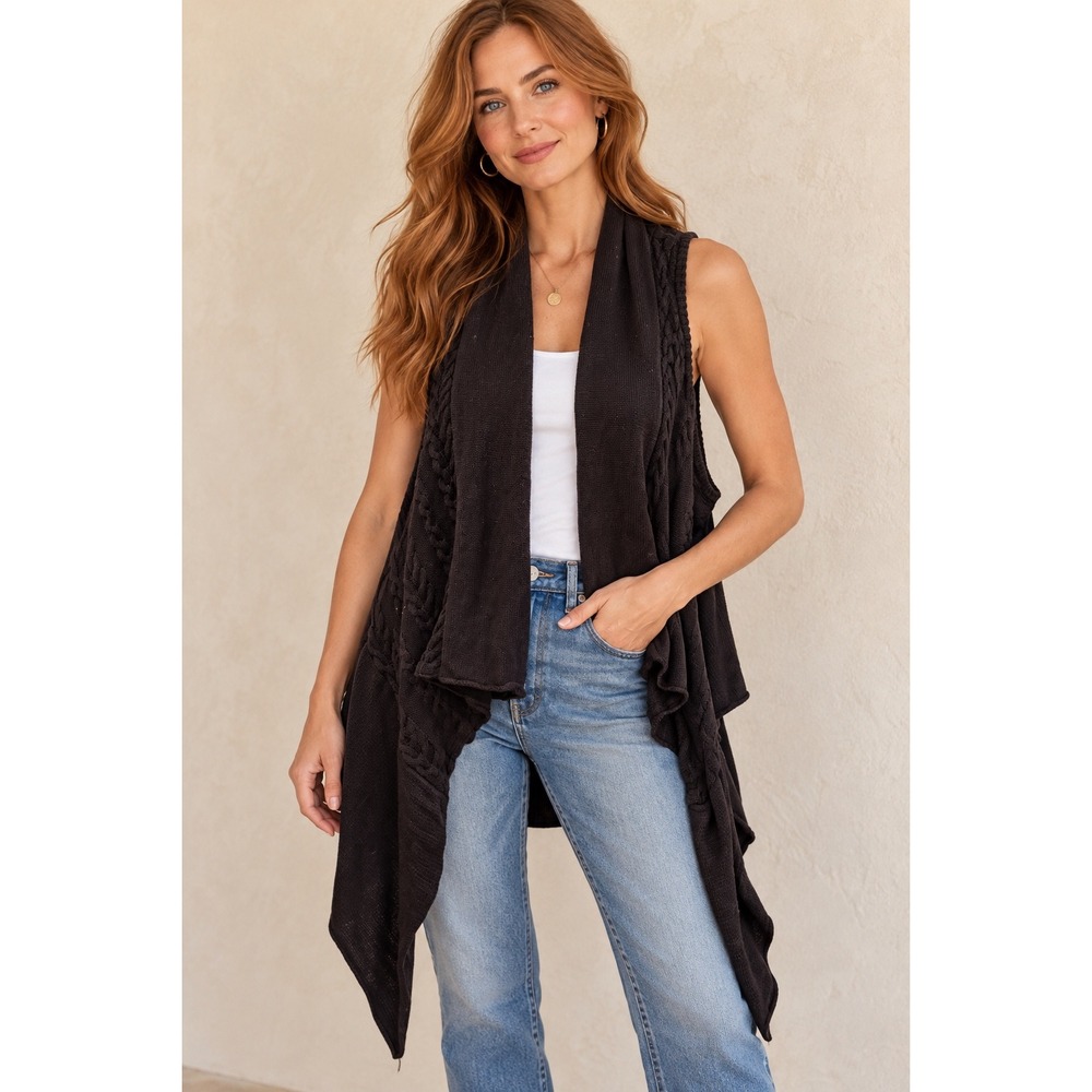 BCBGMAXAZRIA Black Cable Knit Draped Open Front Sleeveless Cardigan Vest Small